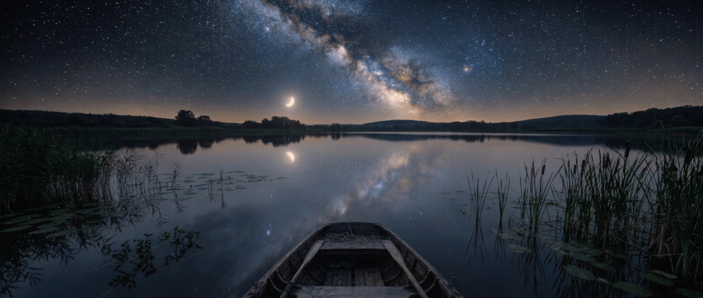 Smaller boat beneath a starry sky