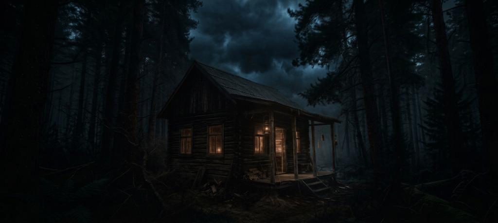 Dark sky and barely visible warm cabin glow